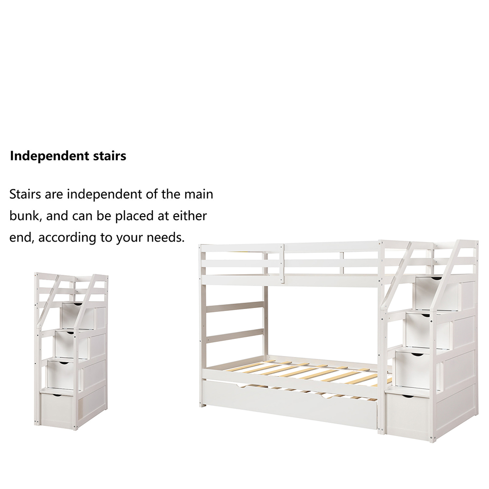 Twin-Over-Twin Size Bunk Bed Frame with Trundle Bed, 3 Storage Stairs, and Wooden Slats Support, No Spring Box Required (Frame Only) - White