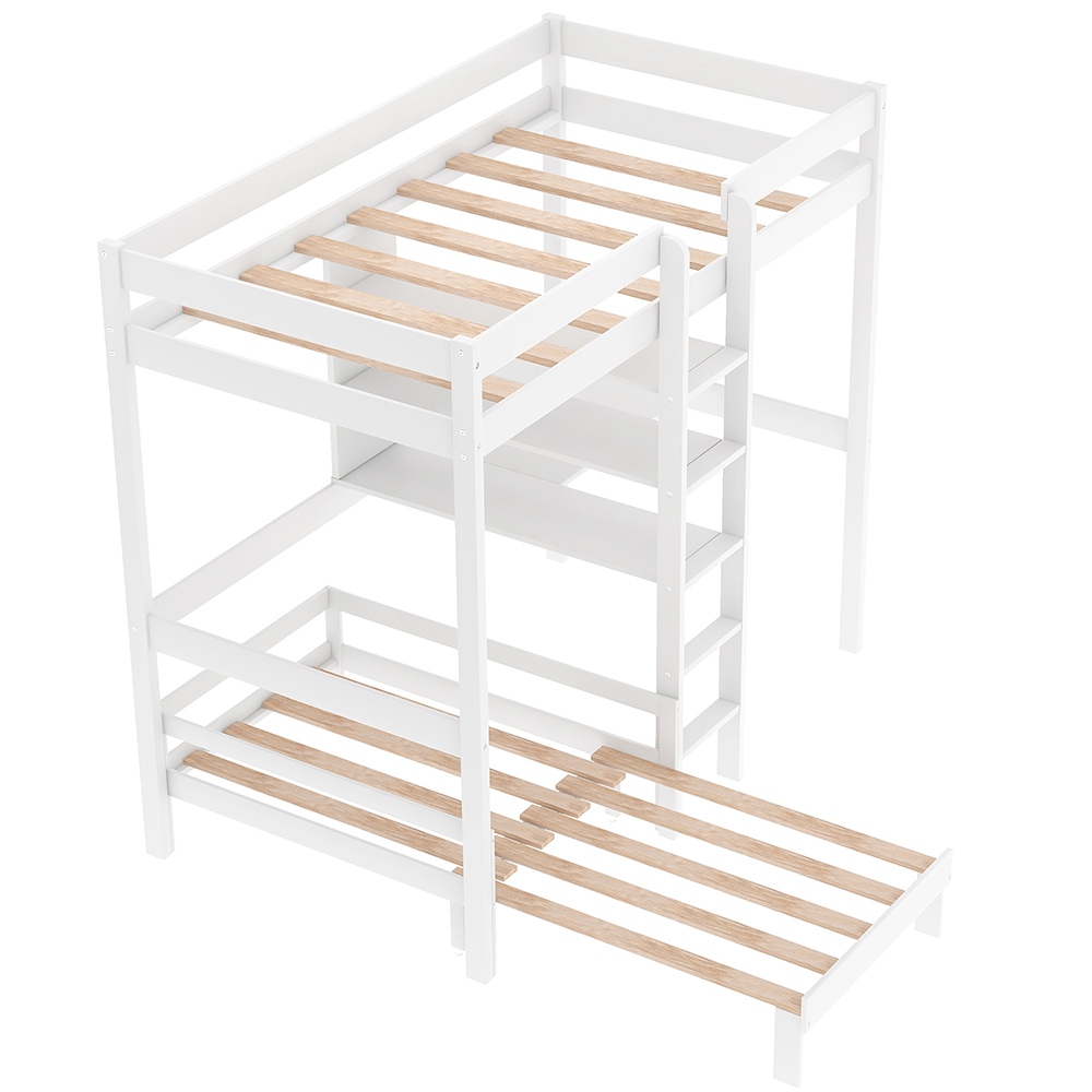 Twin-Over-Twin Size Bunk Bed Frame with Computer Desk, Ladder, and Wooden Slats Support, No Spring Box Required (Frame Only) - White