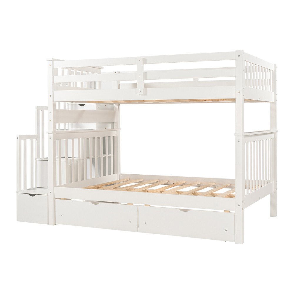 Full-Over-Full Size Bunk Bed Frame with 6 Storage Drawers, Shelves, and Wooden Slats Support, No Spring Box Required (Frame Only) - White