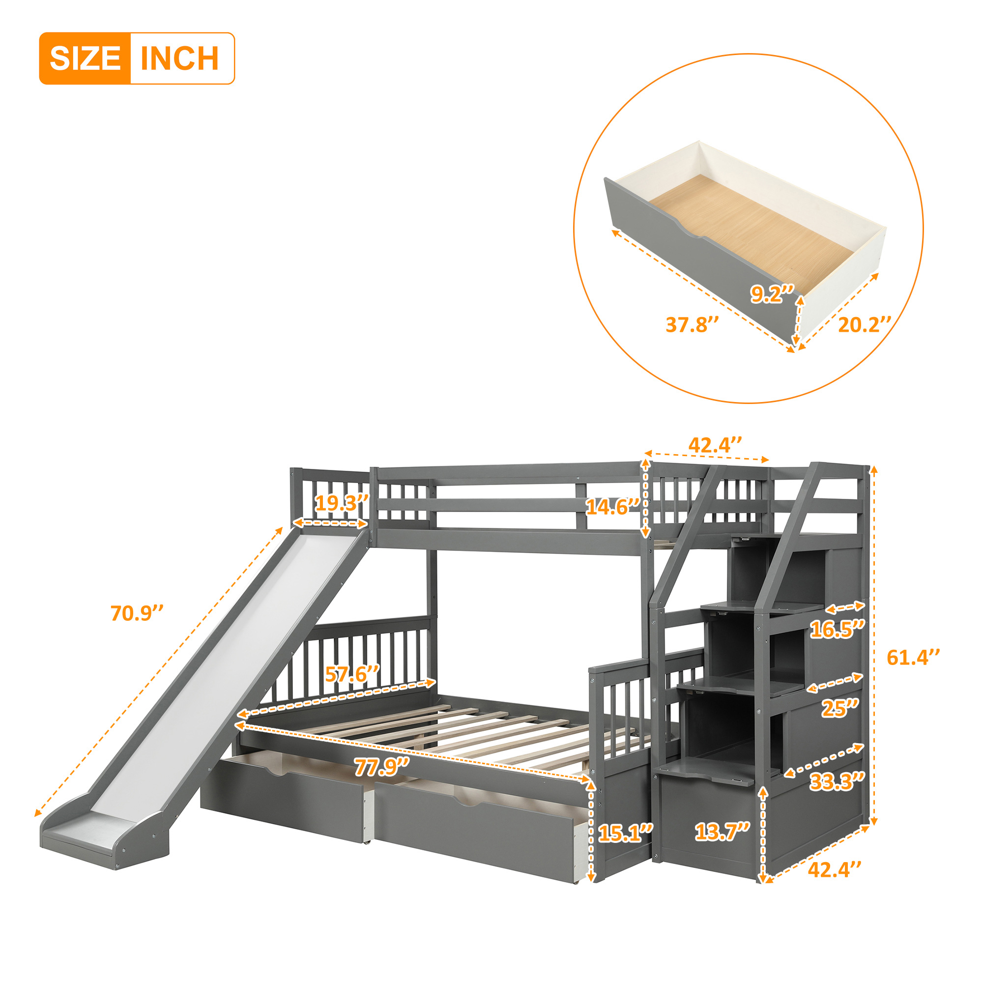 Twin-Over-Full Size Bunk Bed Frame with 2 Drawers, Storage Stairs, and Wooden Slats Support, No Spring Box Required (Frame Only) - Gray