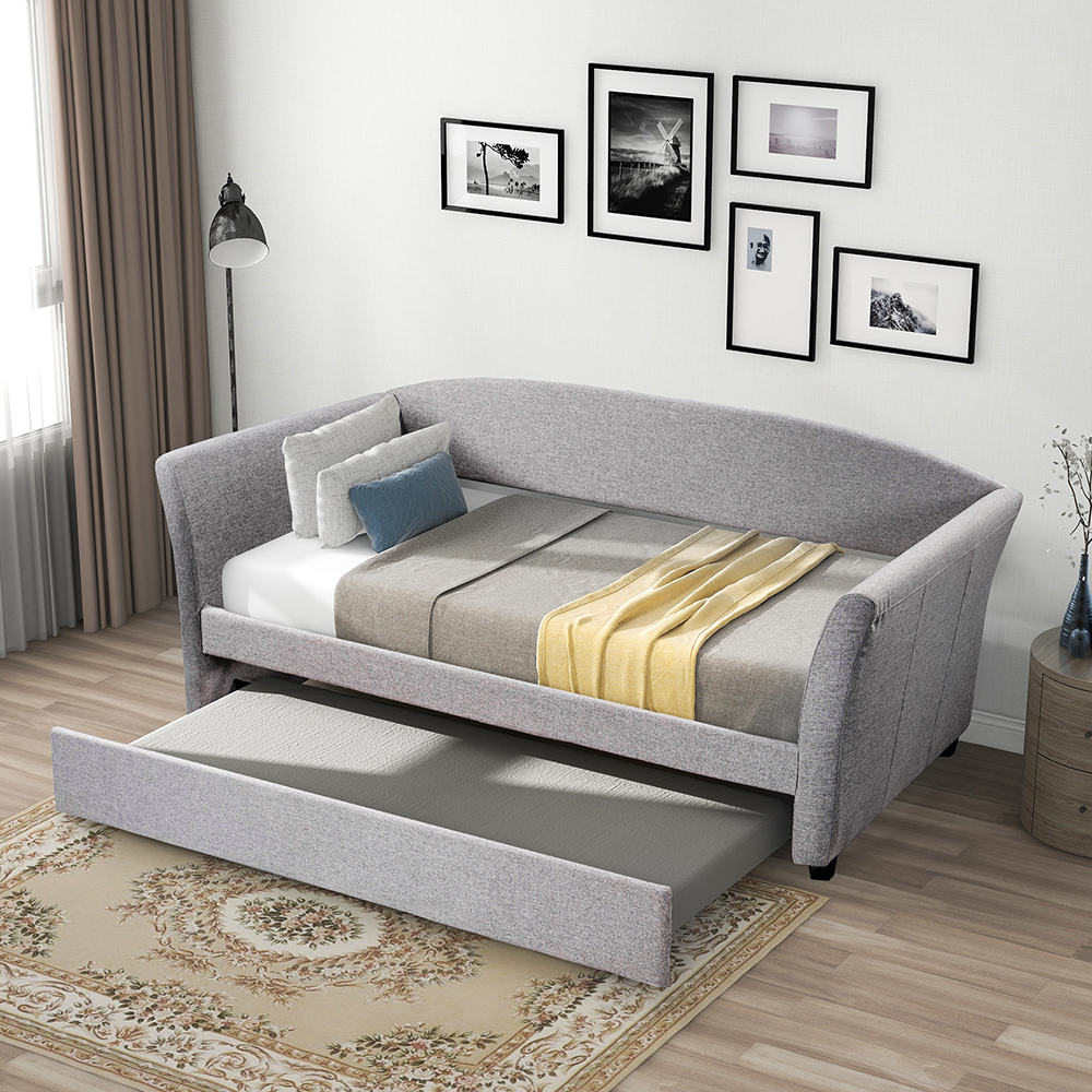 Twin Size Upholstered Daybed with Trundle Bed, and Wooden Slats Support, Space-saving Design, No Box Spring Needed - Gray