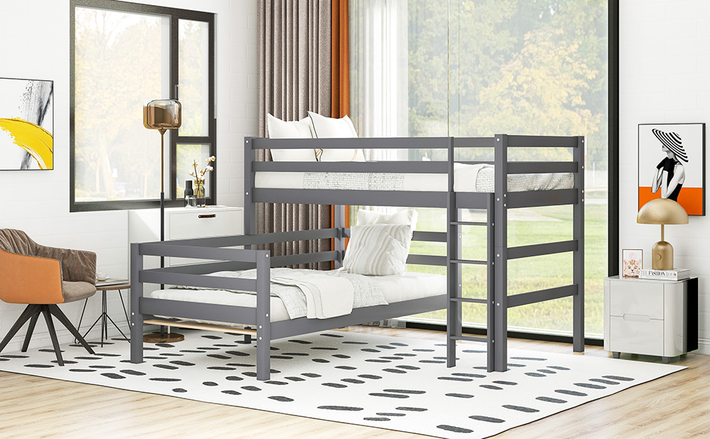 Twin-Over-Twin Size Splittable Bunk Bed Frame with Ladder, and Wooden Slats Support, No Spring Box Required (Frame Only) - Gray