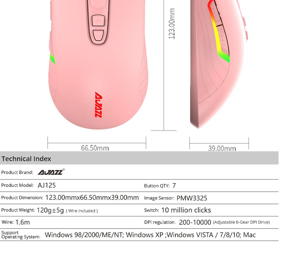 Ajazz AJ125 Optical Wired Mouse RGB light Adjustable PAW3325 Sensor Optical Mouse - Pink