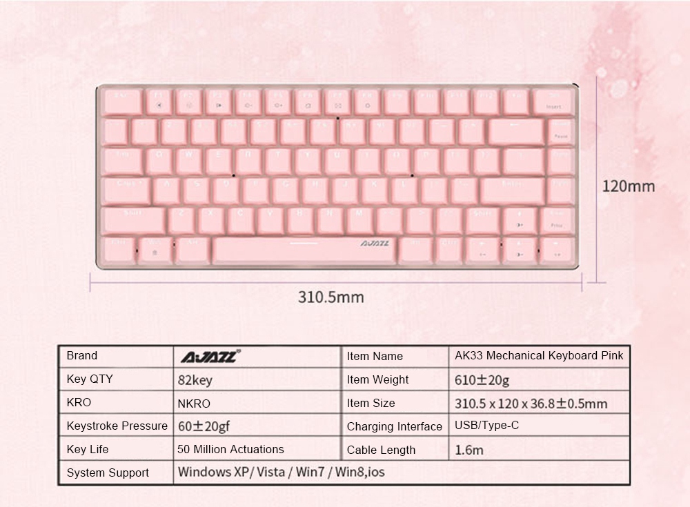 Ajazz AK33 82keys Anti-ghosting Ergonomic Mechanical Keyboard Durable White Backlight Red Switch - Pink