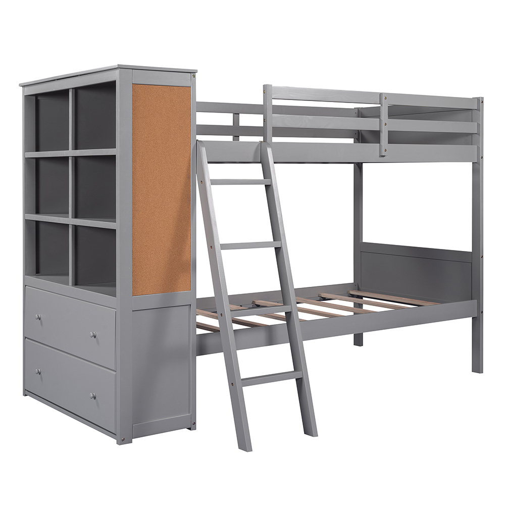 Twin-Over-Twin Size Bunk Bed Frame with Bookcase, Storage Drawers, and Wooden Slats Support, No Spring Box Required (Frame Only) - Gray