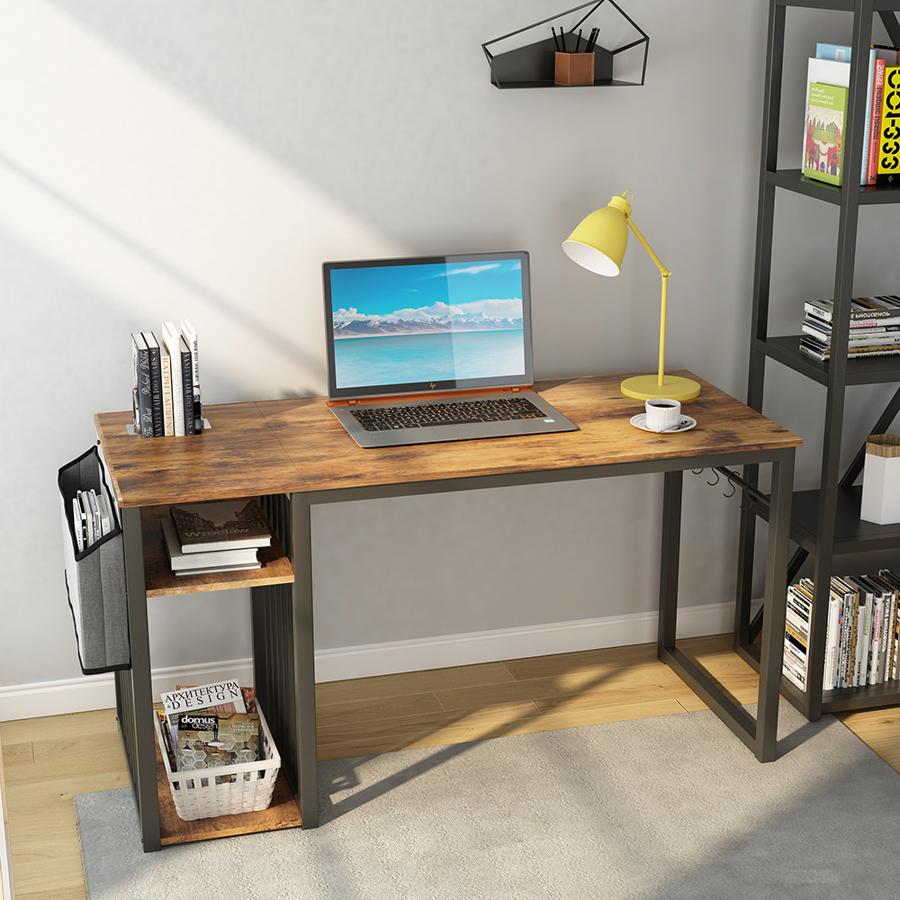 Home Office 55" Computer Desk with Side Bag, Storage Shelves, Wooden Tabletop and Metal Frame, for Game Room, Office, Study Room - Brown