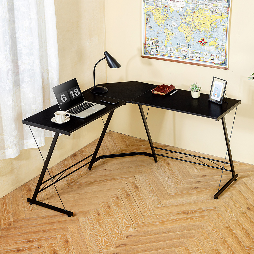 Home Office 51" L-Shaped Computer Desk with Wooden Tabletop and Metal Frame, for Game Room, Office, Study Room - Black