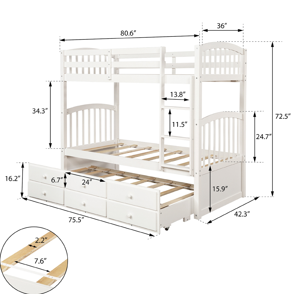 Twin-Over-Twin Size Bunk Bed Frame with 3 Storage Drawers Trundle Bed, and Wooden Slats Support, No Spring Box Required (Frame Only) - White