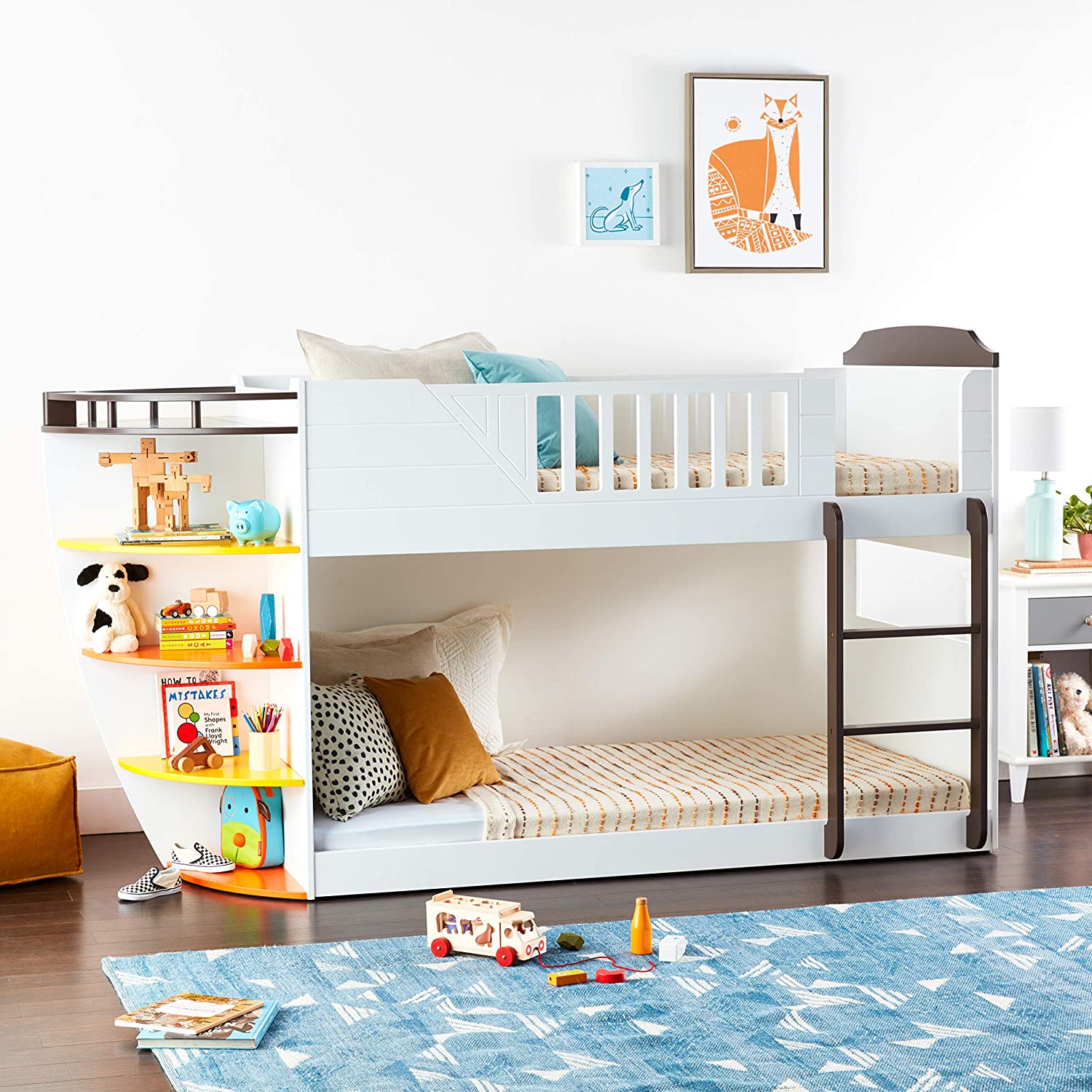 ACME Neptune Twin-Over-Twin Size Bunk Bed Frame with Storage Shelves, and Metal Slats Support, No Spring Box Required (Frame Only) - White