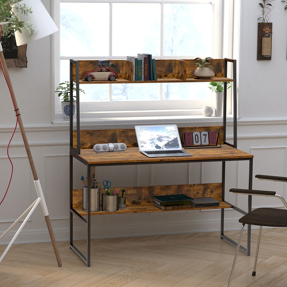 Home Office 47" Computer Desk with Wooden Tabletop and Metal Frame, for Game Room, Office, Study Room - Brown