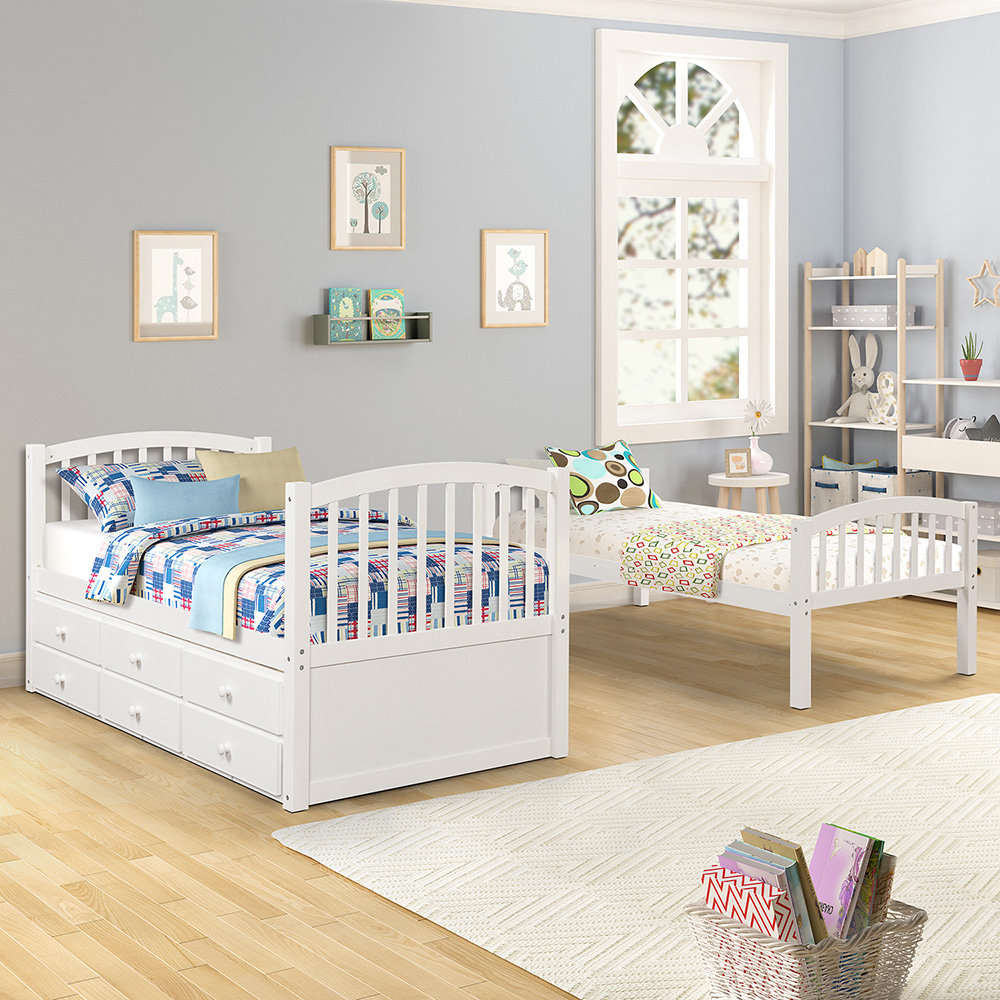 Twin-Over-Twin Size Bunk Bed Frame with 3 Storage Drawers Trundle Bed, and Wooden Slats Support, No Spring Box Required (Frame Only) - White