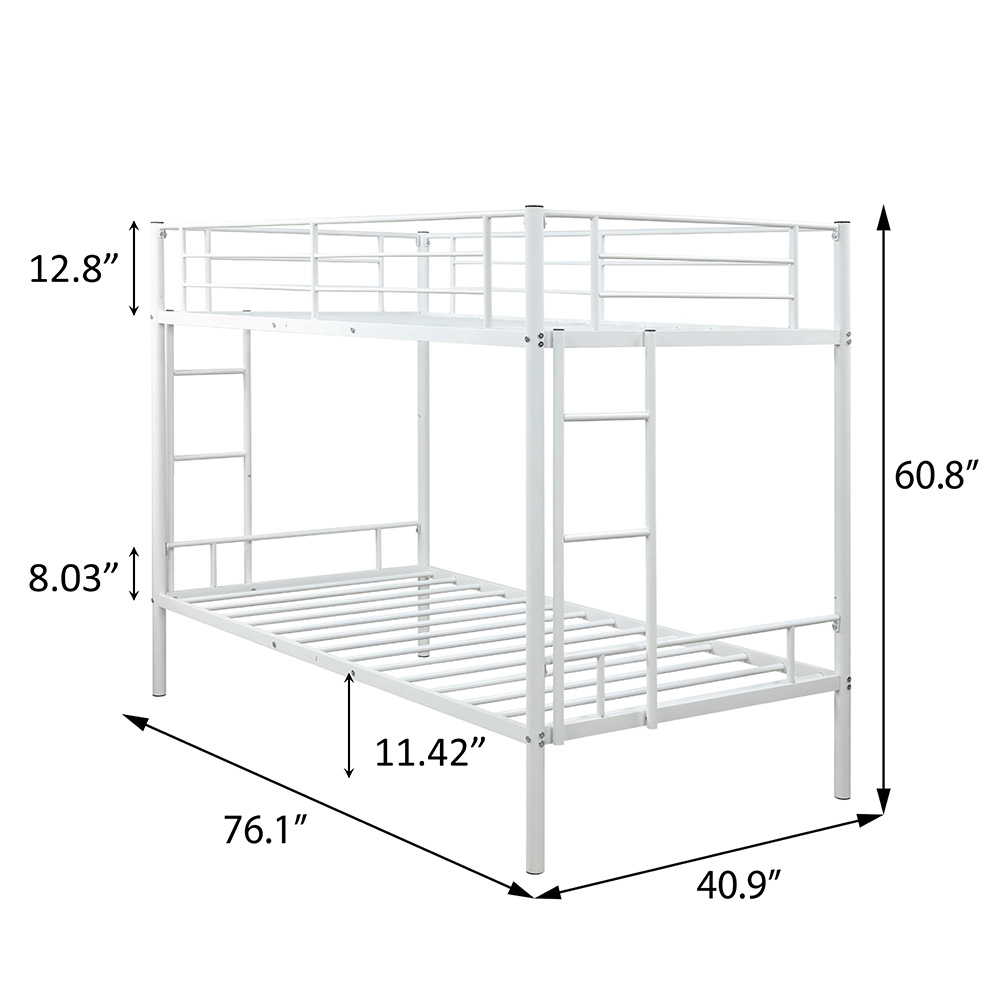Twin-Over-Twin Size Bunk Bed Frame with Two-Side Ladders, and Metal Slats Support, No Spring Box Required (Frame Only) - White
