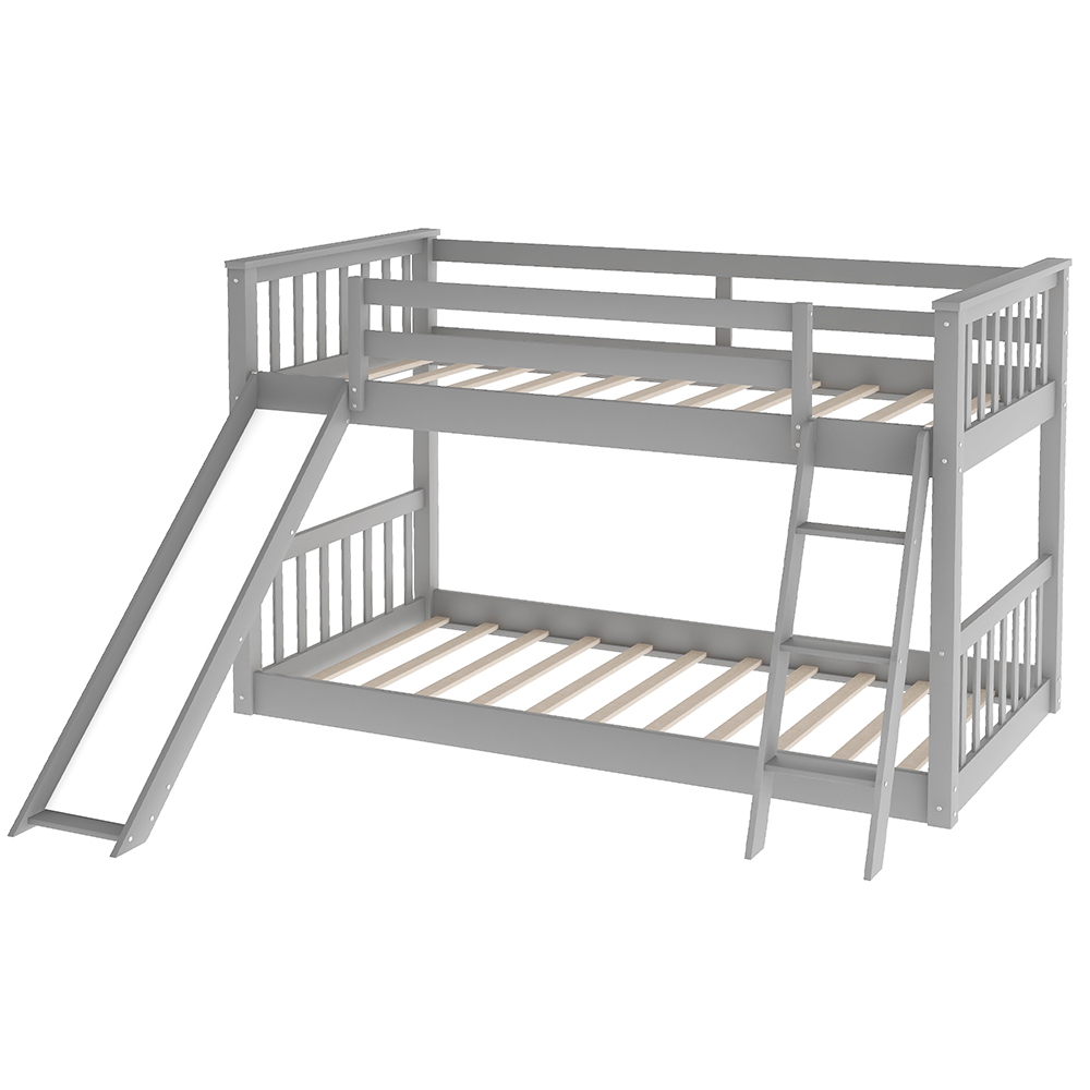Twin-Over-Twin Size Bunk Bed Frame with Slide, Ladder, and Wooden Slats Support, No Spring Box Required (Frame Only) - Gray