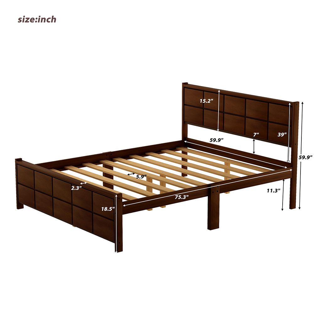 QueenSize Platform Bed Frame with Line Shape Headboard Walnut