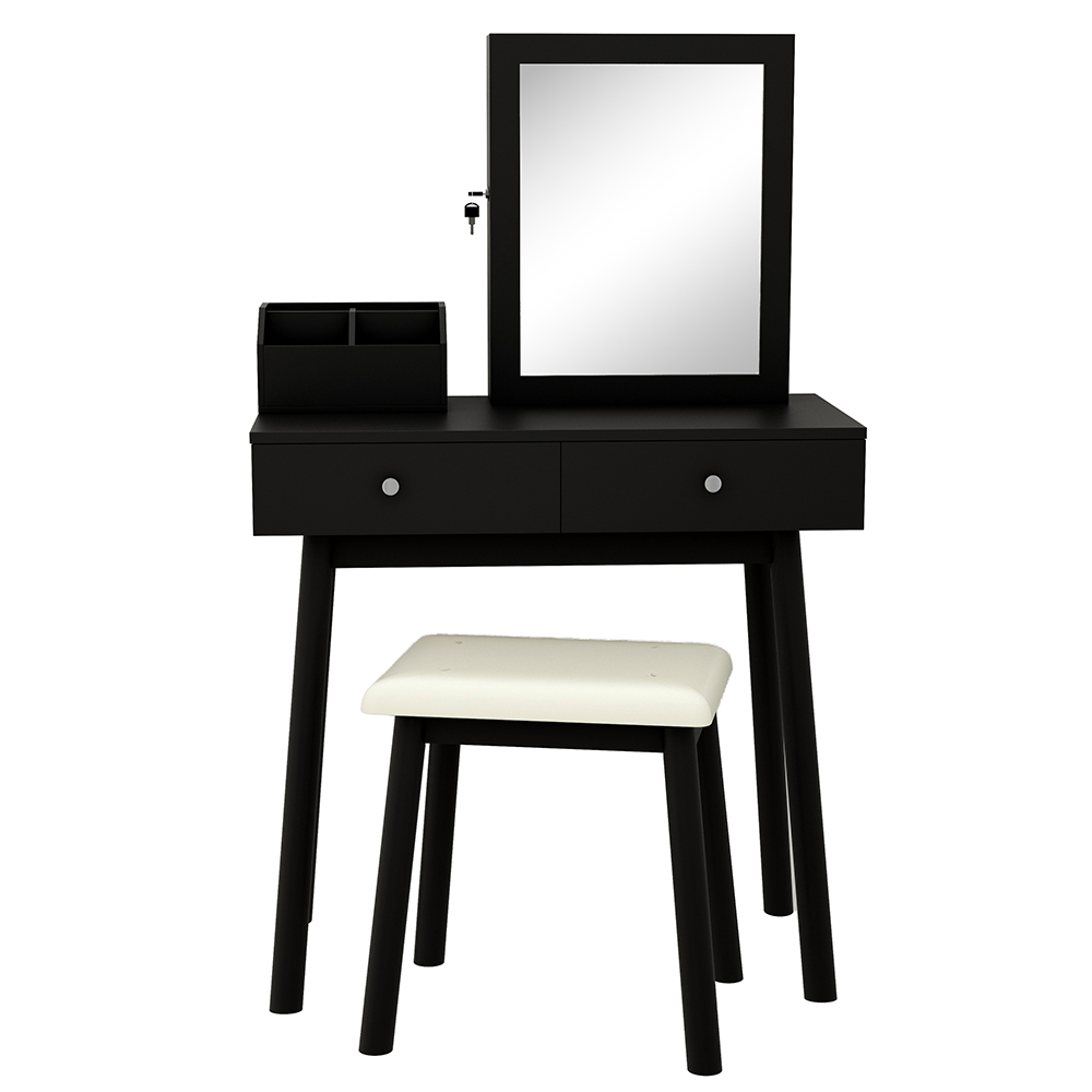 Multifunctional Dressing Table with Mirror, 2 Storage Drawers and Lockable Jewelry Cabinet - Black