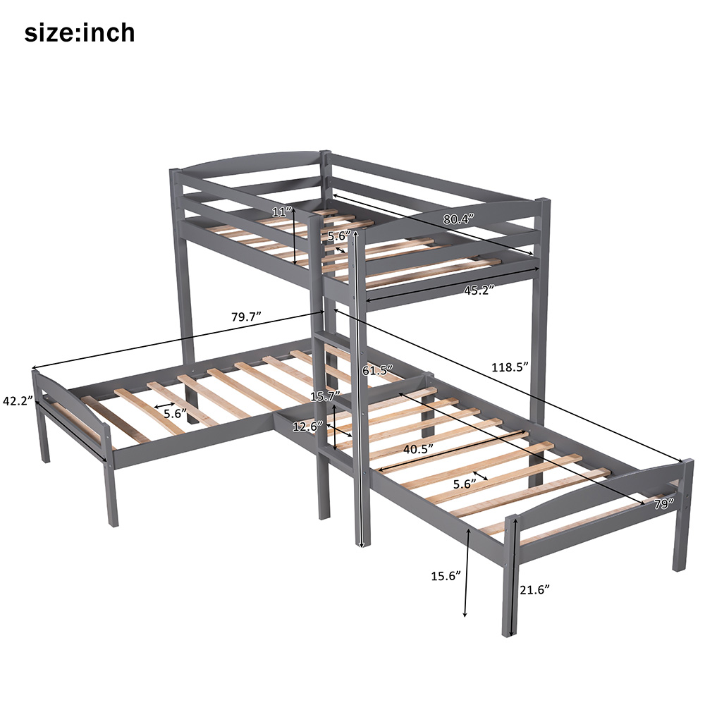 Twin-Over-Twin Size L-Shaped Bunk Bed Frame with Ladder, and Wooden Slats Support, No Spring Box Required (Frame Only) - Gray