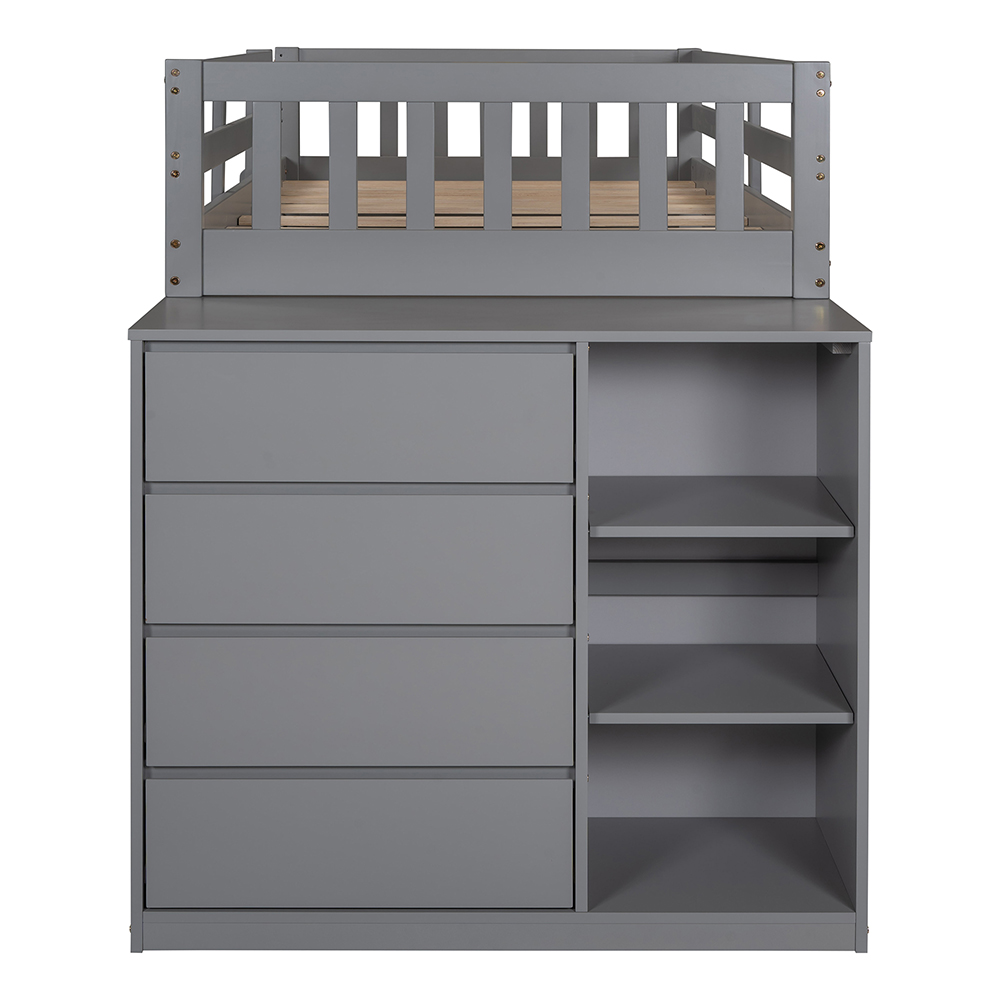 Twin-Over-Twin Size Bunk Bed Frame with 4 Storage Drawers, 3 Shelves, and Wooden Slats Support, No Spring Box Required (Frame Only) - Gray