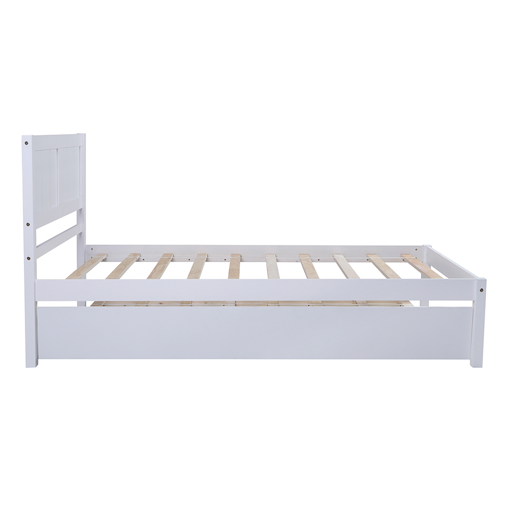 Twin-Size Platform Bed Frame with Trundle Bed, Headboard and Wooden Slats Support, No Box Spring Needed (Only Frame) - White