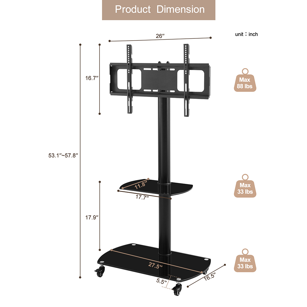 27" Tempered Glass TV Stand with Lockable Wheels, Angle and Height Adjustable Media Storage Stand, for Living Room, Entertainment Center - Black