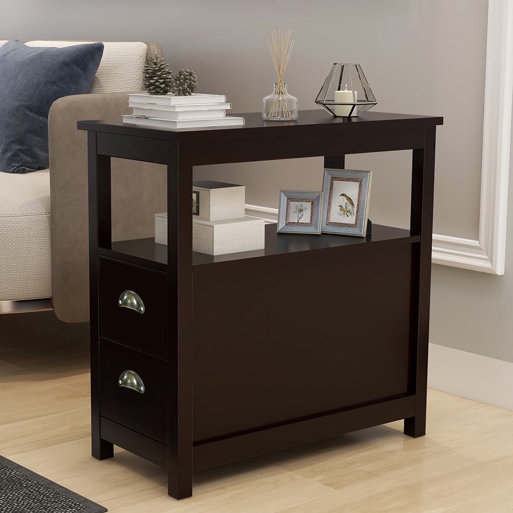 Wooden Narrow Nightstand with 2 Storage Drawers and Open Shelf, for Living room, Bedroom, Kitchen, Dining Room - Brown