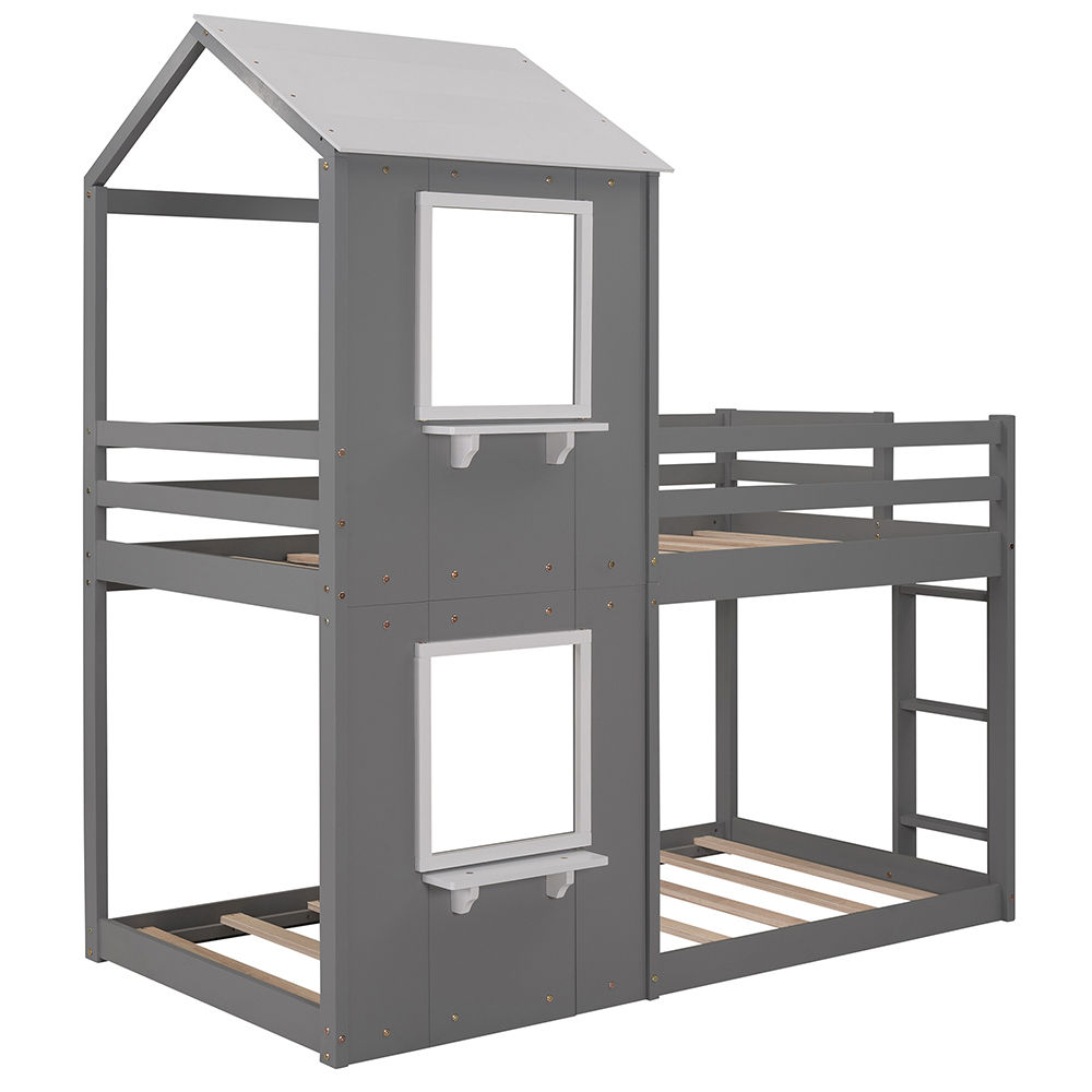 Twin-Over-Twin Size House-Shaped Bunk Bed Frame with Ladder, and Wooden Slats Support, No Spring Box Required (Frame Only) - Gray