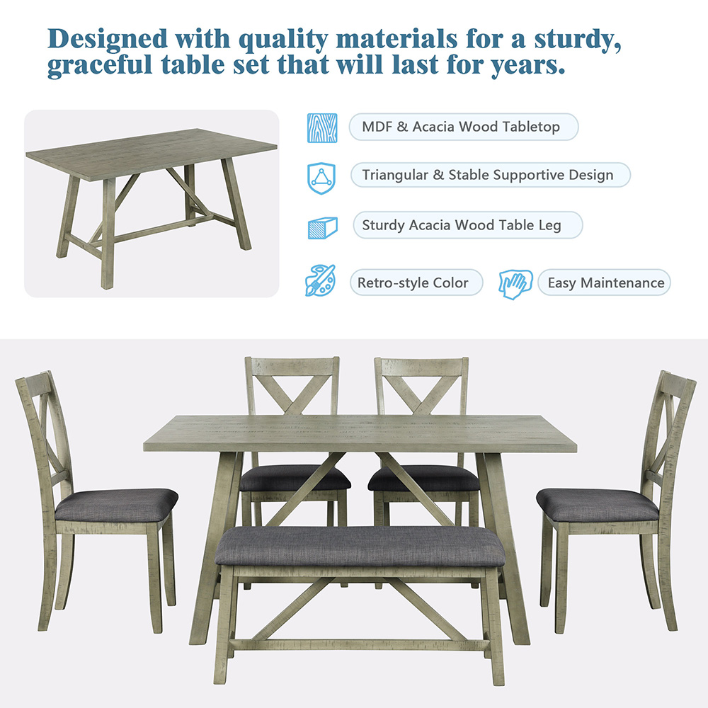 TOPMAX 6 Piece Rustic Style Wooden Dining Set, Including 1 Table, 1 Bench, and 4 Chairs - Gray