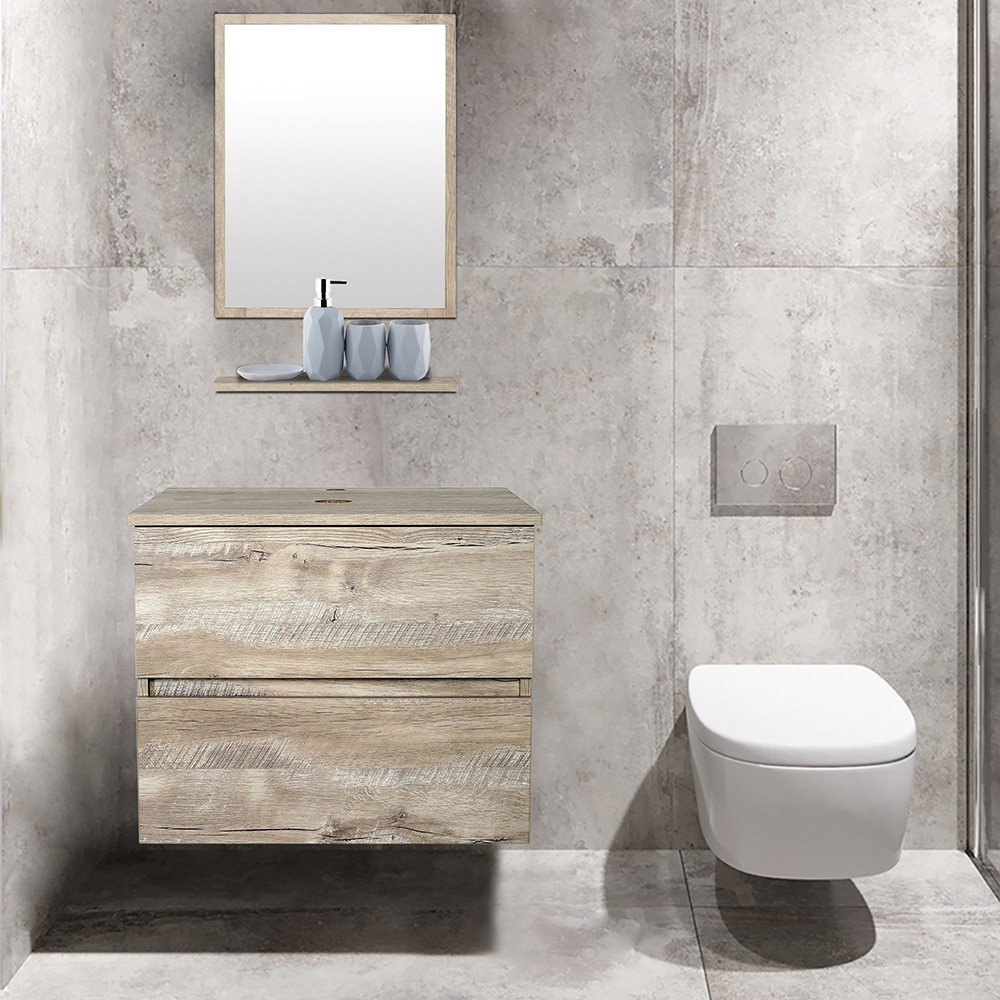 Wooden Bathroom Vanity with 2 Storage Drawers, Wall-mounted Mirror and Shelf - Natural