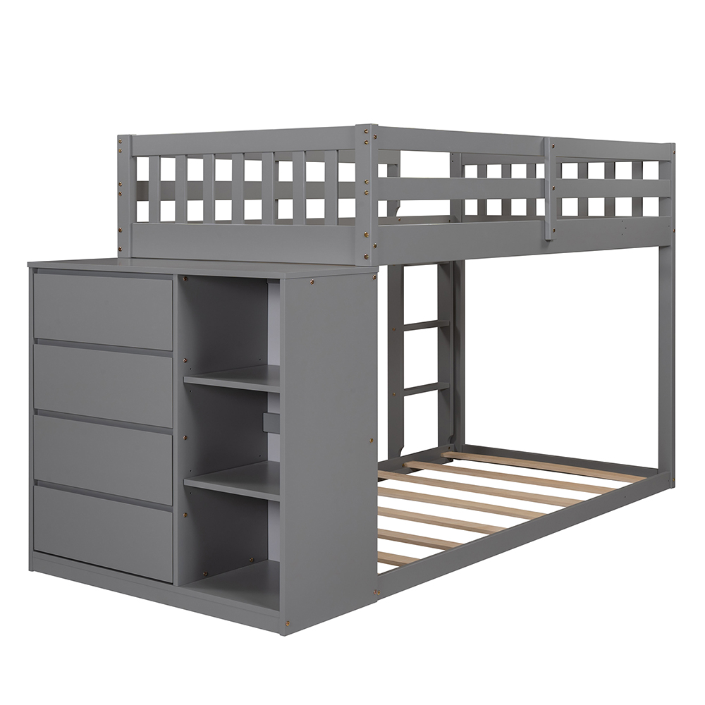 Twin-Over-Twin Size Bunk Bed Frame with 4 Storage Drawers, 3 Shelves, and Wooden Slats Support, No Spring Box Required (Frame Only) - Gray