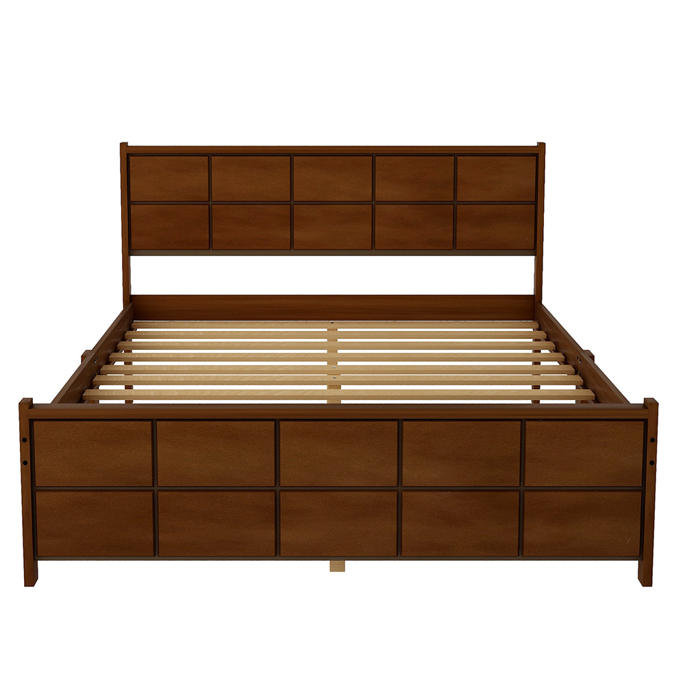 QueenSize Platform Bed Frame with Line Shape Headboard Walnut