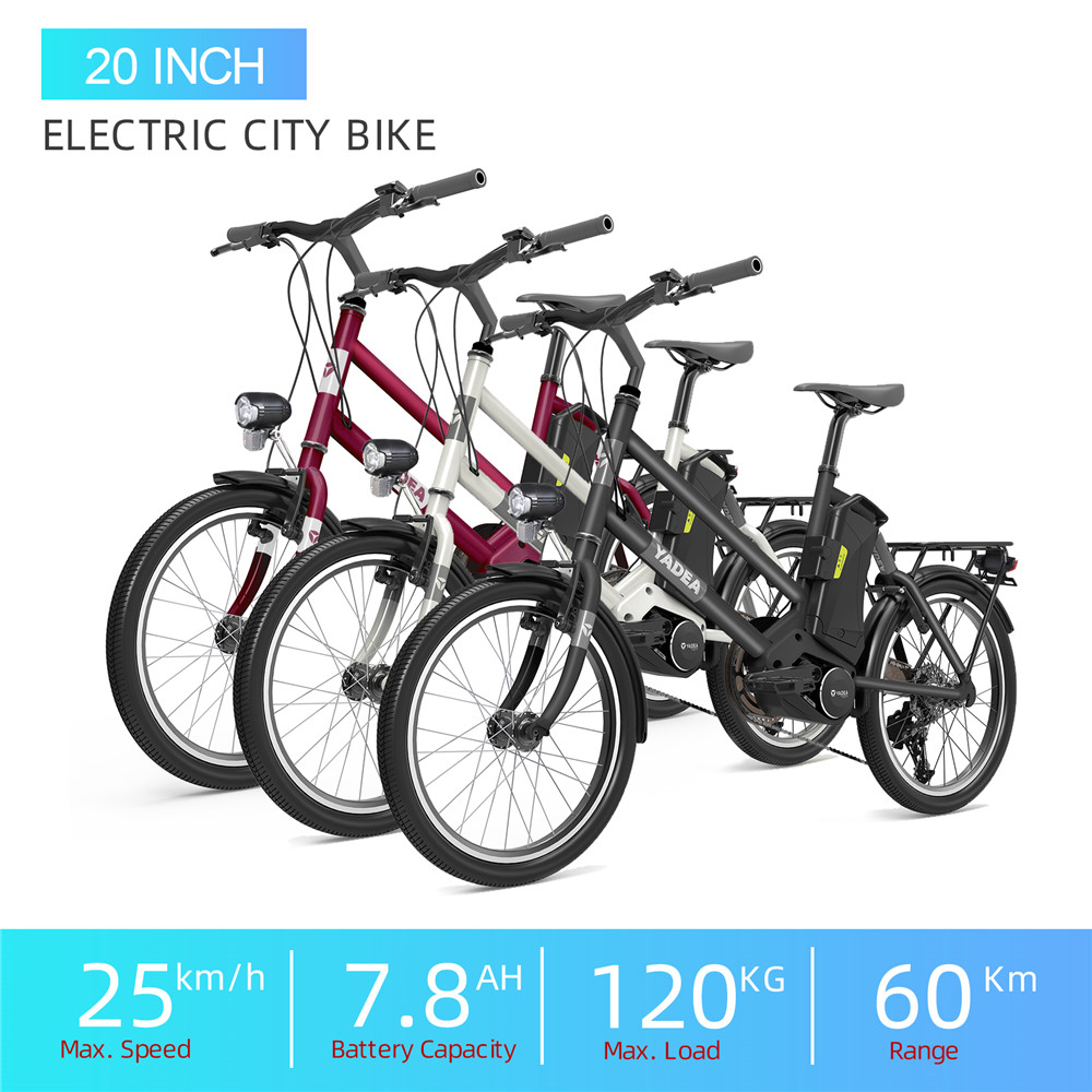 YADEA T300 20 inch Touring Electric City Bike 350W OKAWA Mid Drive Motor SHIMANO 7-Speed Rear Derailleur 36V 7.8Ah Removable Battery 25km/h Max speed up to 60km Max Range LED Headlight - Black