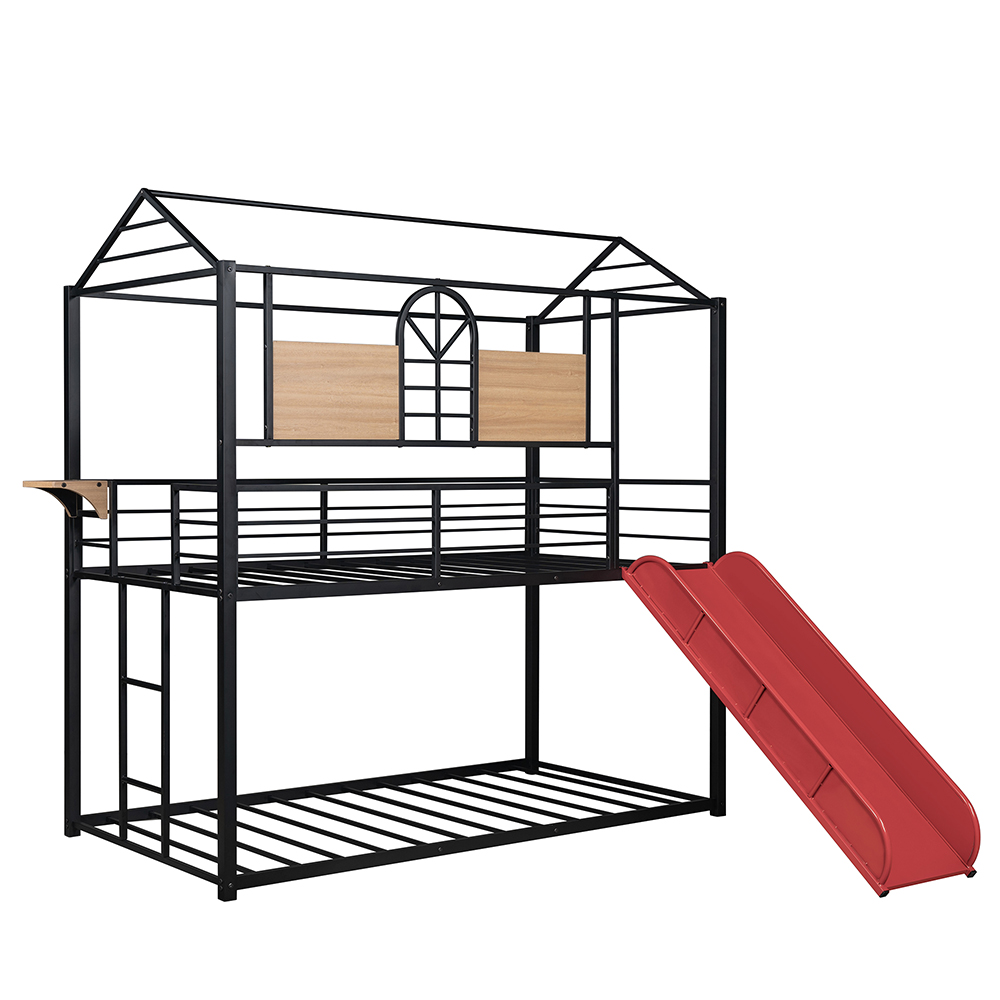 Twin-Over-Twin Size Bunk Bed Frame with Slide, Ladder, and Metal Slats Support, No Spring Box Required (Frame Only) - Black + Red