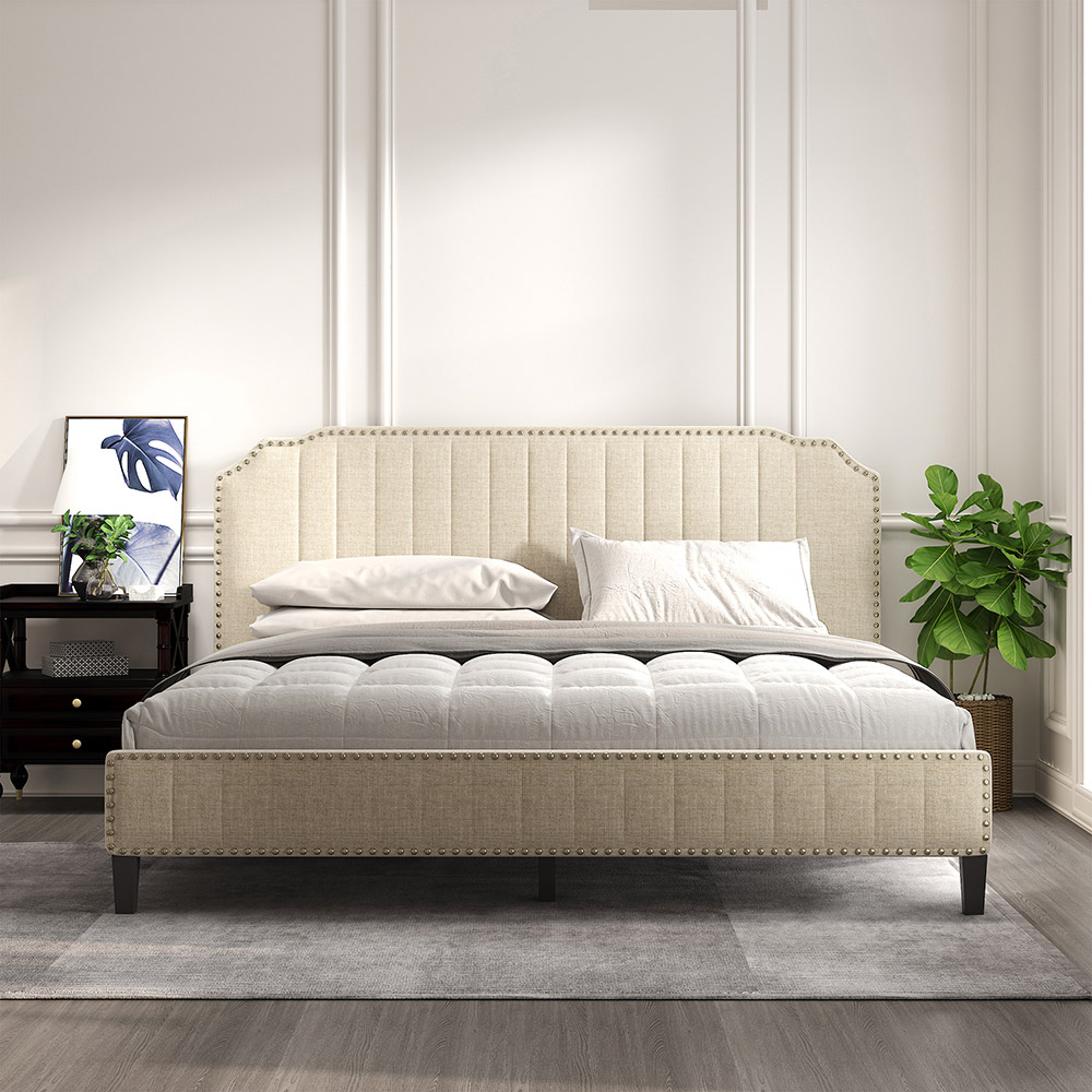 King-Size Linen Upholstered Platform Bed Frame with Headboard and Wooden Slats Support, No Box Spring Needed (Only Frame) - Beige