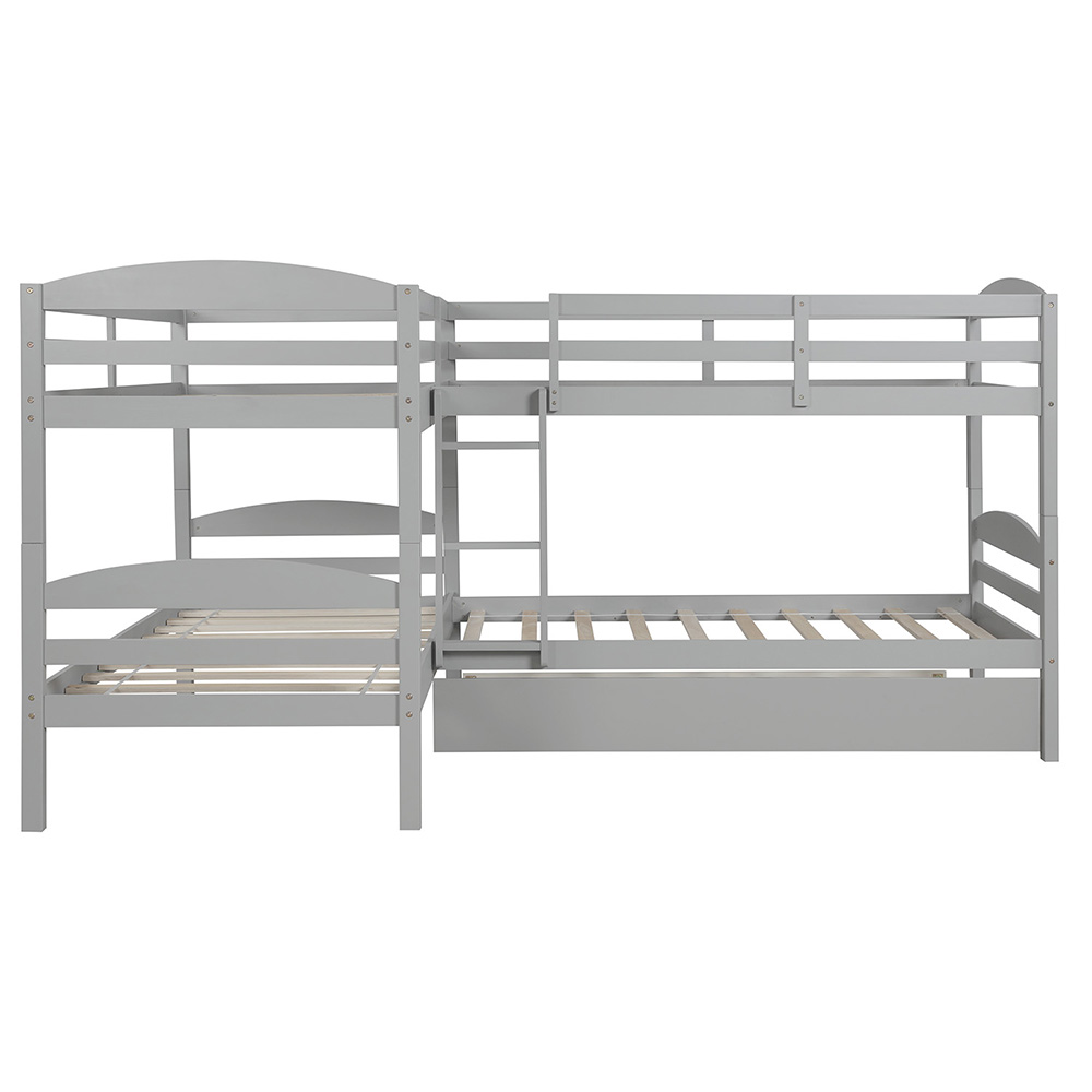 Twin-Over-Twin Size L-Shaped Bunk Bed Frame with Trundle Bed, Ladder, and Wooden Slats Support, No Spring Box Required (Frame Only) - Gray