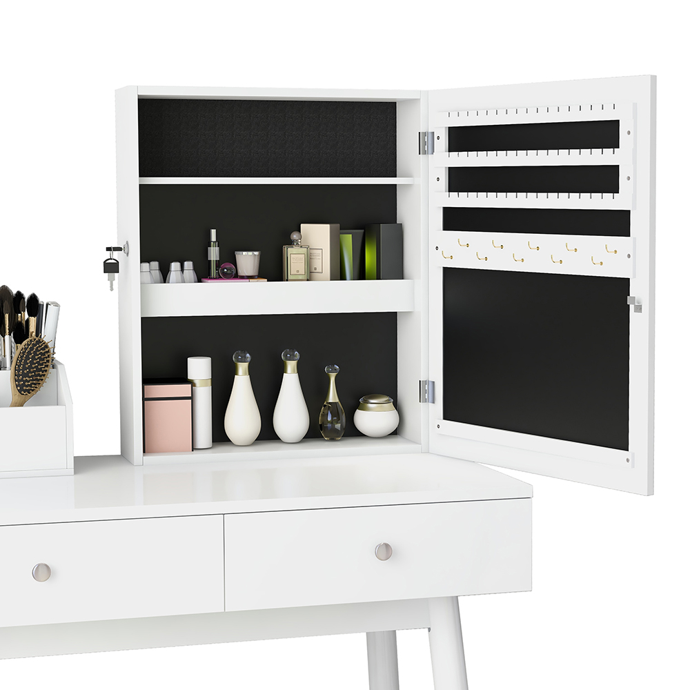 Multifunctional Dressing Table with Mirror, 2 Storage Drawers and Lockable Jewelry Cabinet - White
