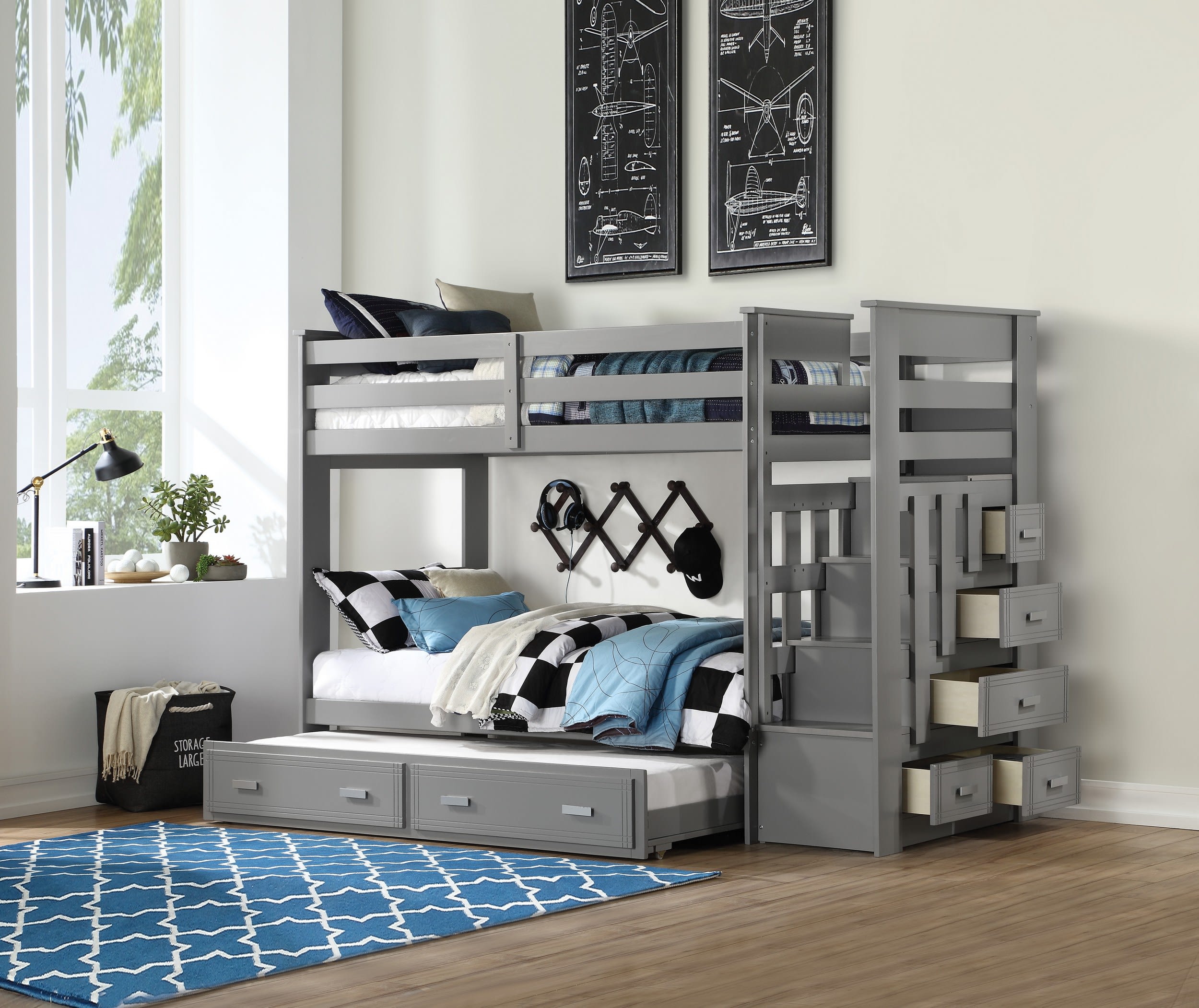 ACME Allentown Twin-Over-Twin Size Bunk Bed Frame with Trundle Bed, Storage Drawers, and Wooden Slats Support, No Spring Box Required (Frame Only) - Gray