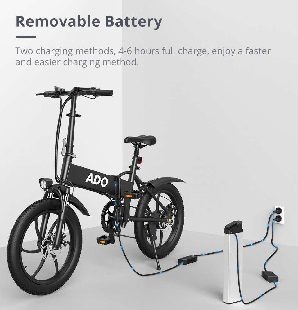 ADO A20 Electric Folding Bike 20 inch City Bicycle 350W Hall Brushless Gear DC Motor SHIMANO 7-Speed Rear Derailleur 36V 10.4Ah Removable Battery 35km/h Max speed up to 60km Max Range IPX5 Double Shock-absorption LED Headlight Aluminum alloy Frame - Black