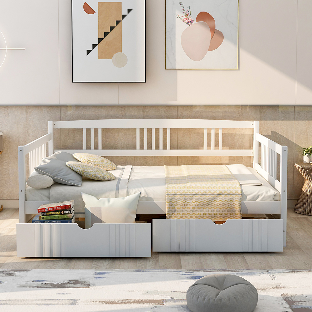 Full Size Daybed with 2 Storage Drawers, and Wooden Slats Support, Space-saving Design, No Box Spring Needed - White