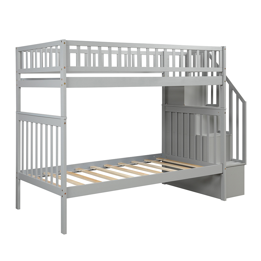 Twin-Over-Twin Size Bunk Bed Frame with Trundle Bed, Storage Shelves, and Wooden Slats Support, No Spring Box Required (Frame Only) - Gray