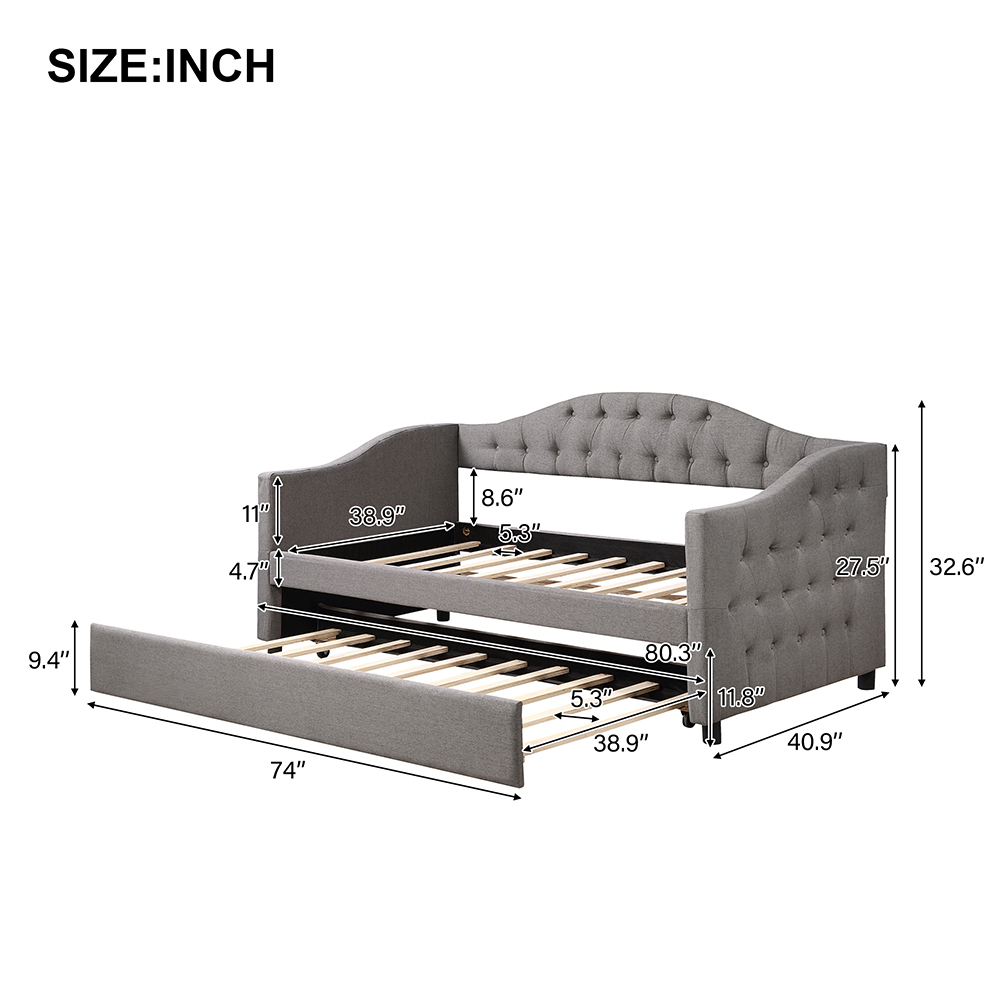 Twin Size Upholstered Daybed with Trundle Bed, and Wooden Slats Support, Space-saving Design, No Box Spring Needed - Gray