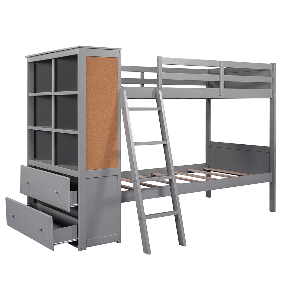 Twin-Over-Twin Size Bunk Bed Frame with Bookcase, Storage Drawers, and Wooden Slats Support, No Spring Box Required (Frame Only) - Gray