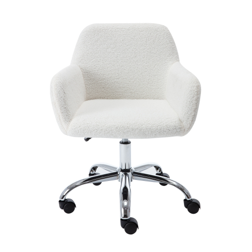 HengMing Faux Fur Fabric Swivel Chair Height Adjustable with Curved Backrest and Casters for Living Room, Bedroom, Dining Room, Office - White