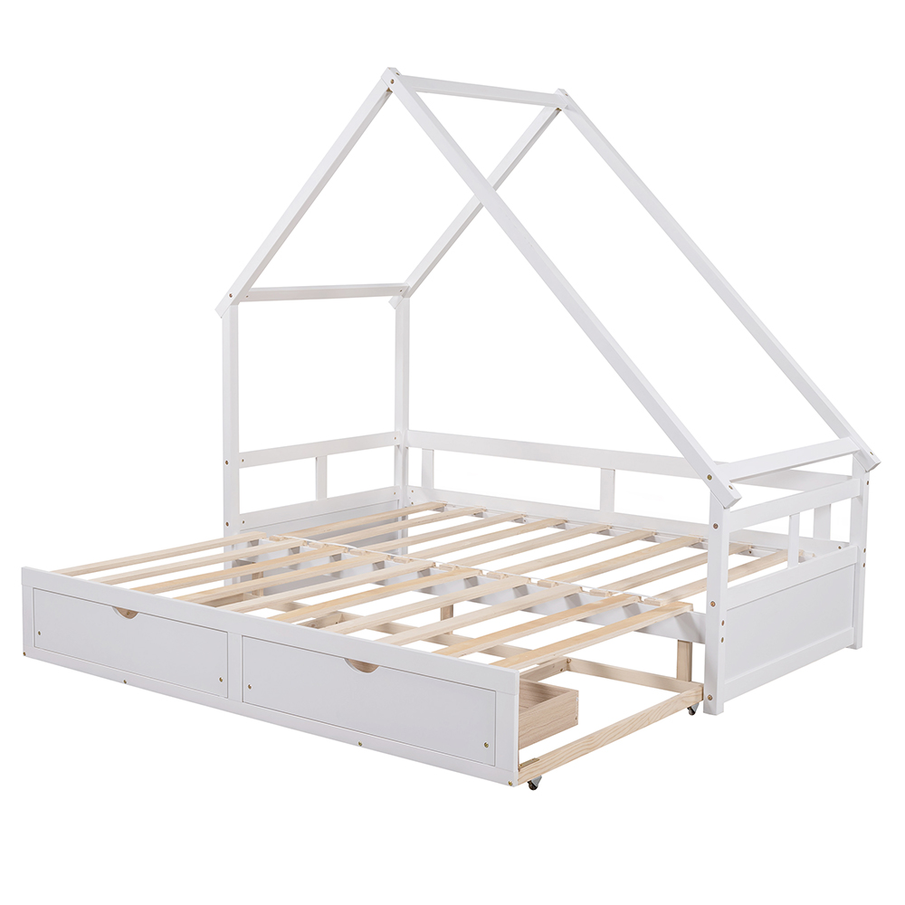 Twin Size Wooden Extending Daybed with 2 Storage Drawers, Space-saving Design, No Box Spring Needed - White