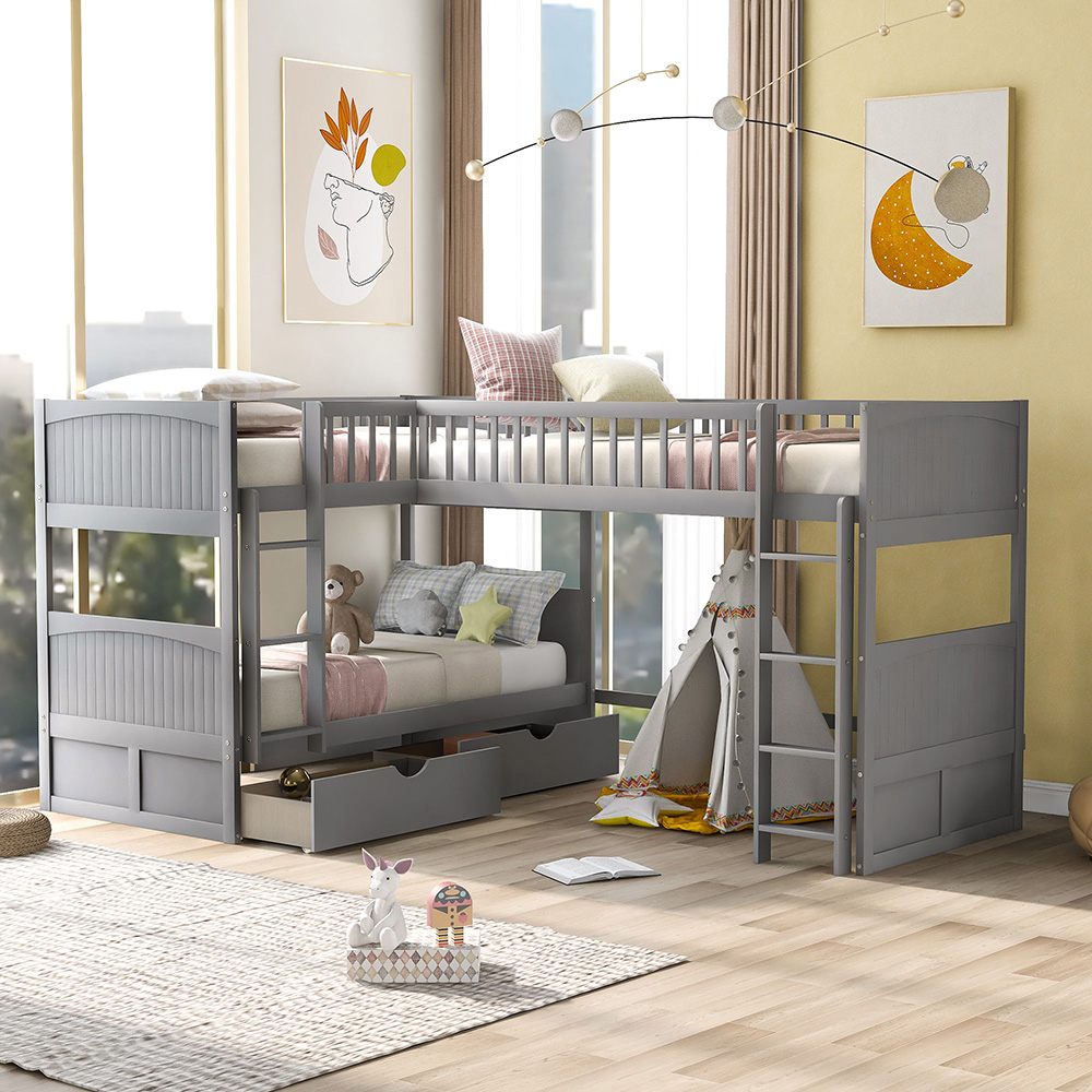 Twin-Over-Twin Size L-Shaped Bunk Bed Frame with Loft Bed, 2 Storage Drawers, and Wooden Slats Support, No Spring Box Required (Frame Only) - Gray