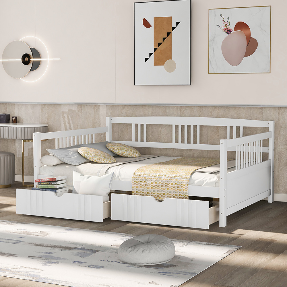 Full Size Daybed with 2 Storage Drawers, and Wooden Slats Support, Space-saving Design, No Box Spring Needed - White