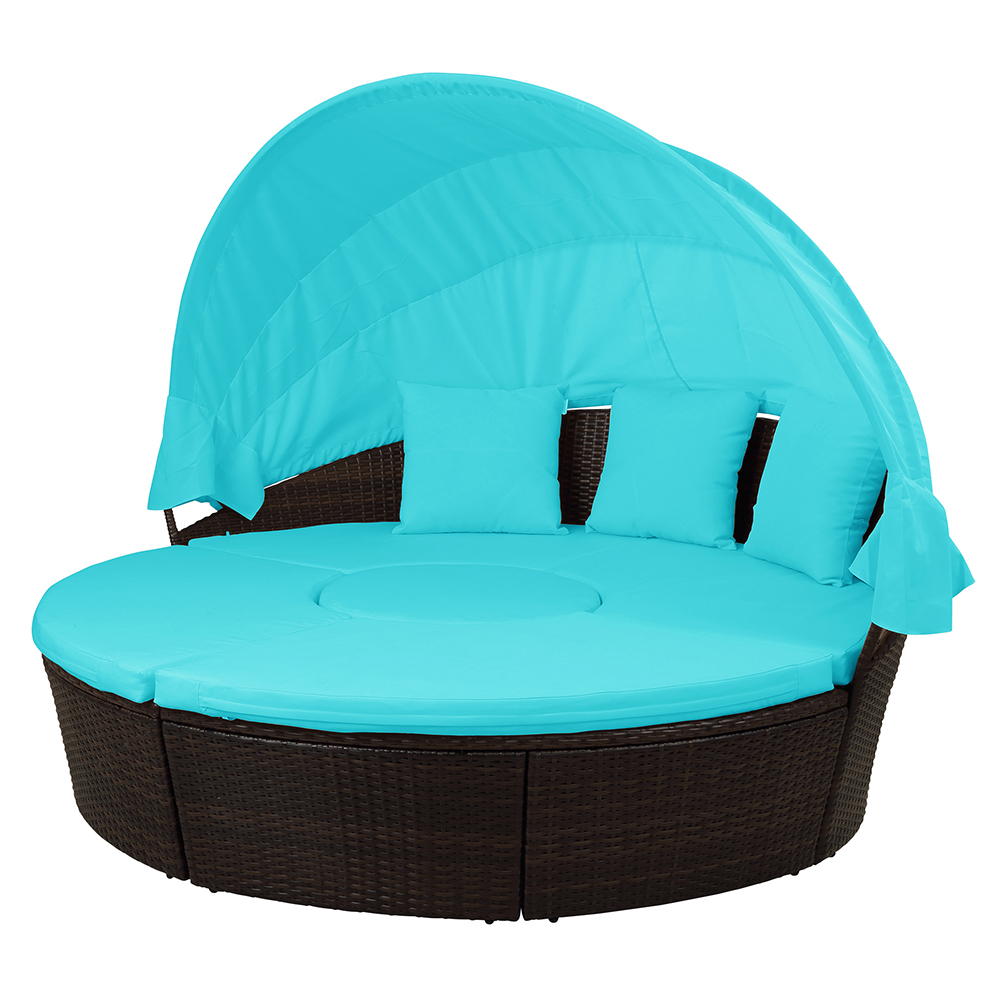 TOPMAX Patio Round Rattan Daybed with Retractable Canopy, Separate Seating and Removable Cushion - Blue