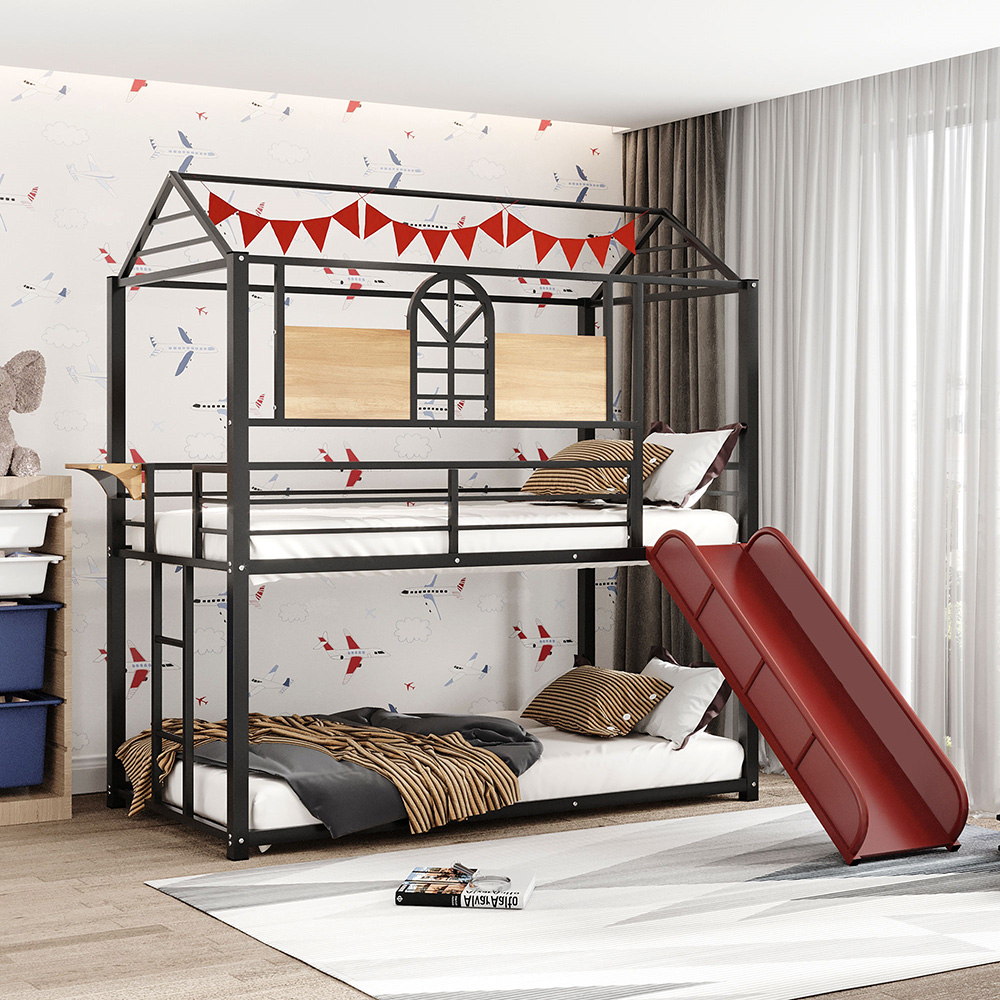 Twin-Over-Twin Size Bunk Bed Frame with Slide, Ladder, and Metal Slats Support, No Spring Box Required (Frame Only) - Black + Red