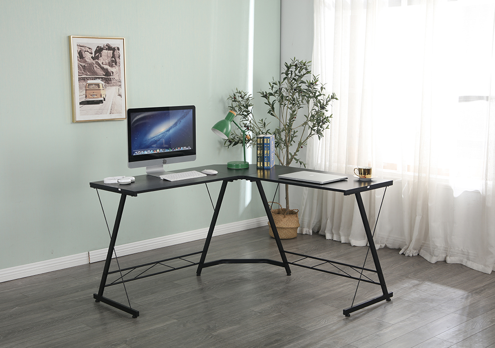 Home Office 51" L-Shaped Computer Desk with Wooden Tabletop and Metal Frame, for Game Room, Office, Study Room - Black