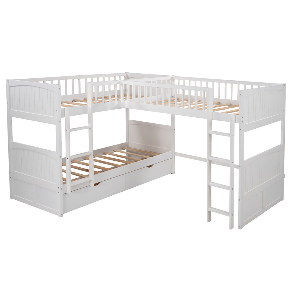Twin-Over-Twin Size L-Shaped Bunk Bed Frame with Loft Bed, 2 Storage Drawers, and Wooden Slats Support, No Spring Box Required (Frame Only) - White
