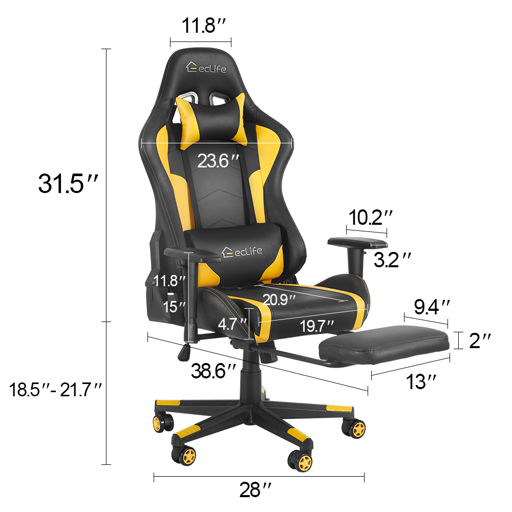 Home Office PU Leather Rotatable Massage Gaming Chair Height Adjustable with Ergonomic High Backrest and Casters - Yellow