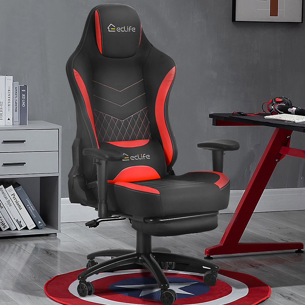 Home Office PU Leather Rotatable Massage Gaming Chair Height Adjustable with Ergonomic High Backrest and Footrest - Red